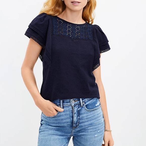 Loft Eyelet‎ Puff Shoulder Blouse Navy Blue Size L Petite - Picture 9 of 9